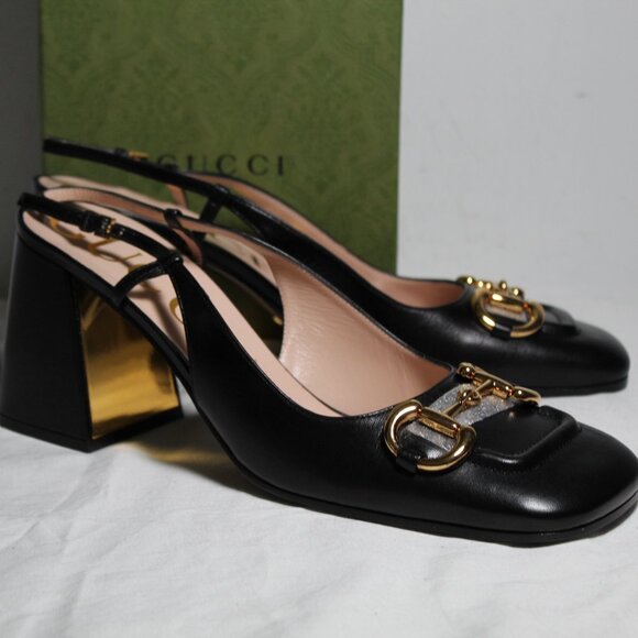NWB Gucci GG Slingback Horsebit Pumps Heels Black 41.5 643892 - Picture 1 of 8